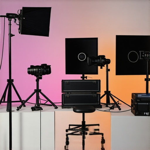 Advanced Creator Studio Setup 2024 Modern content creator studio with acoustic panels, multi-camera angles, and sophisticated lighting