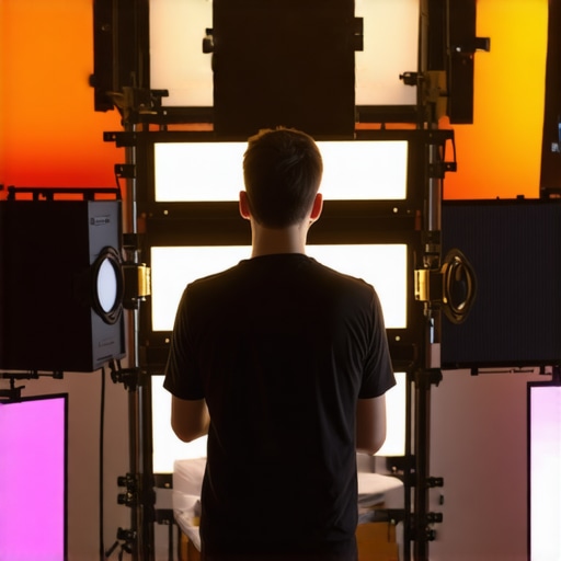 Content creator demonstrating sophisticated studio lighting with LED panels, diffusers, and color gels in a modern studio.