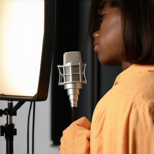 A person fine-tuning microphone and LED studio lights in a home recording studio