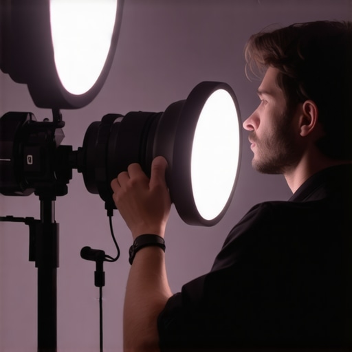 Content Creator Setting Up Studio Lighting in 2024 Creator adjusting LED studio lights in a modern content creation studio.