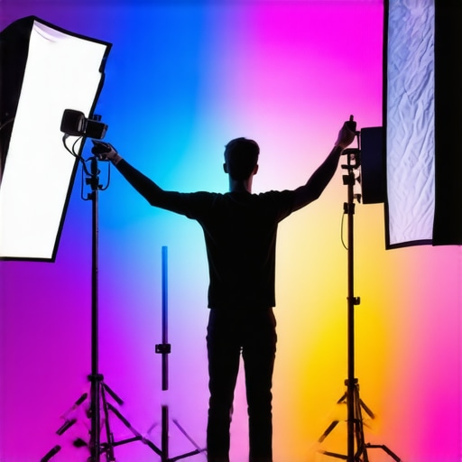 Creative Lighting Setup in Studio Creator adjusting colorful studio lighting with diffusers and reflectors