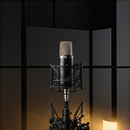 Professional content creator's studio with acoustic panels, microphone, and lighting.