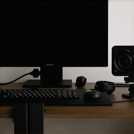 High-Tech Content Creation Setup for 2024 A modern content creator workspace featuring AI software, professional lighting, and versatile camera equipment