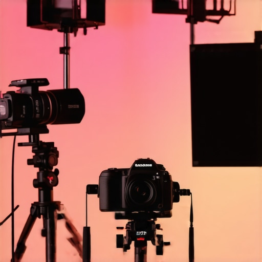 A professional content creator studio with lighting and camera equipment