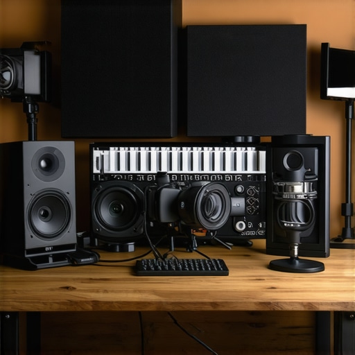 A clean, professional content creator's workspace with sophisticated equipment and cozy decor.