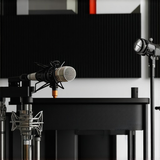 Home studio with acoustic treatment, professional microphone, adjustable lighting, ergonomic chair, and monitor