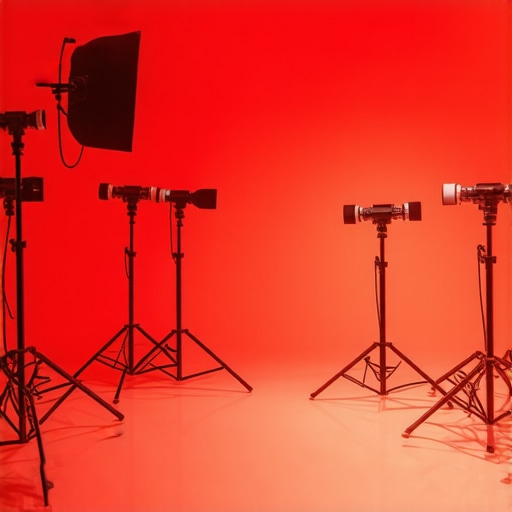 Modern content creation studio with professional cameras, microphones, and lighting