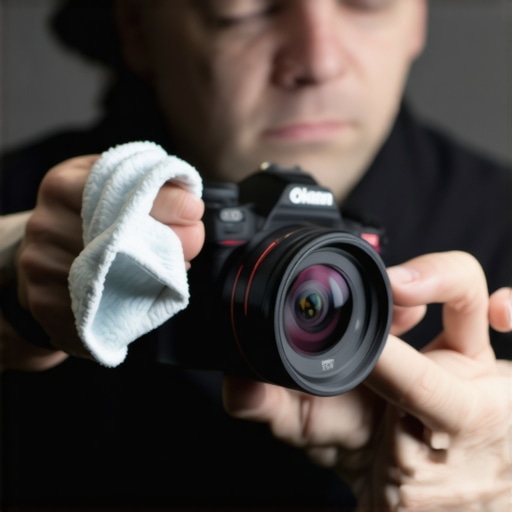 A person cleaning a camera lens with a microfiber cloth in a professional studio setting