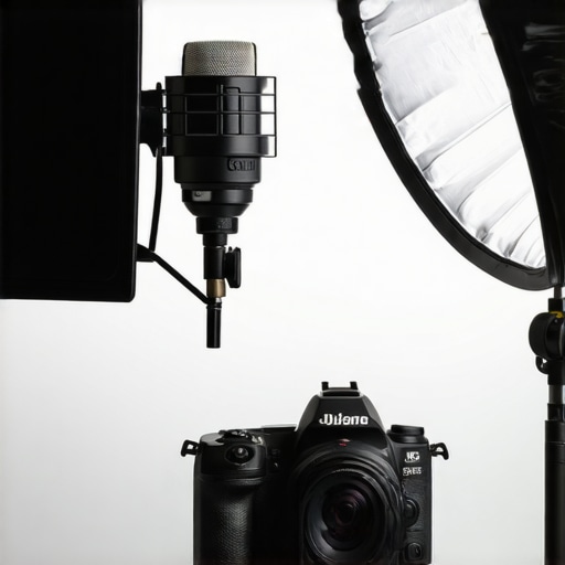 Modern content creator studio with top camera, microphone, and lighting gear