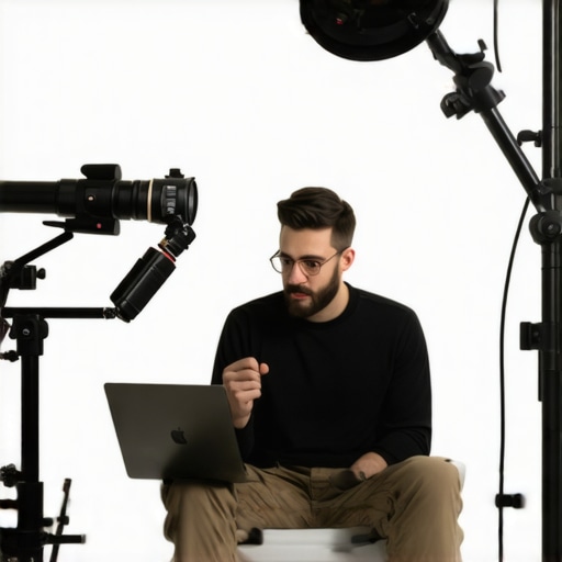 A creator adjusting camera, lighting, and microphone in a sleek home studio.