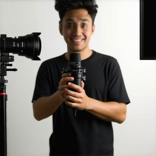 A professional studio setup with camera, microphone, and lighting for content creation