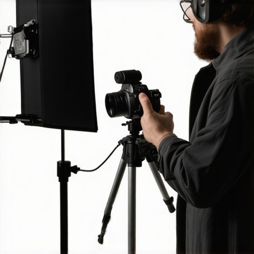 A creator adjusting lighting and microphone in a professional studio setup for content creation.