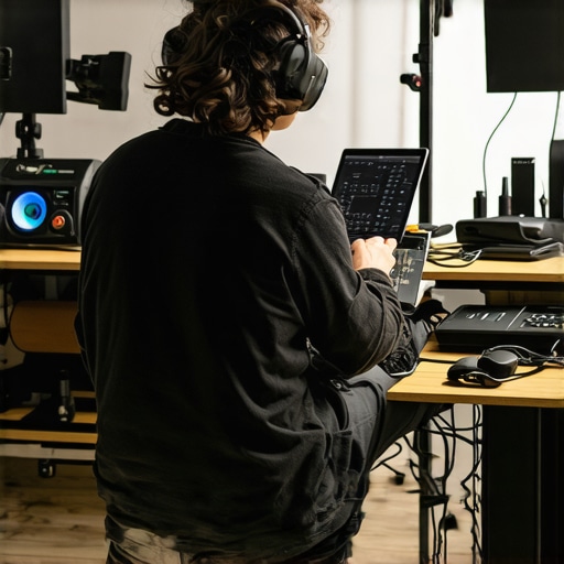 A person cleaning and organizing their camera and microphone equipment in a professional studio.
