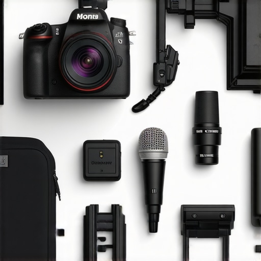 A sleek, organized creator studio with camera, microphone, and lighting equipment.