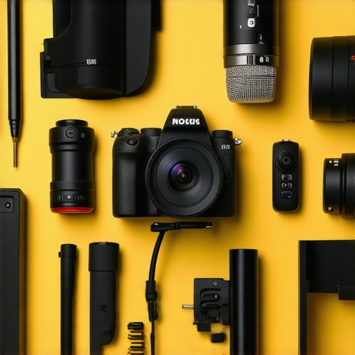 A modern content creation studio with professional camera, microphone, and lighting gear