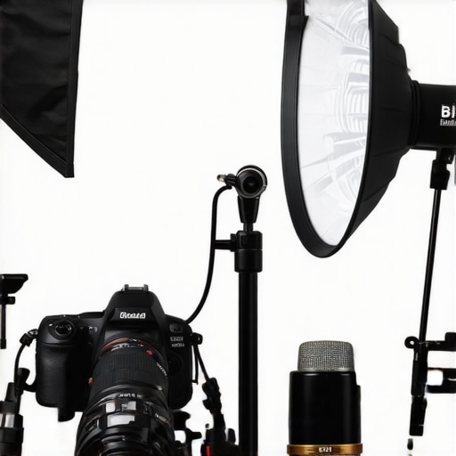 A well-organized content creator studio with camera, microphone, and lighting equipment