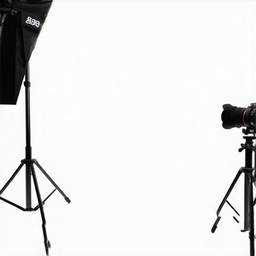 Content creator studio setup with softbox lights and camera on tripod, neat background