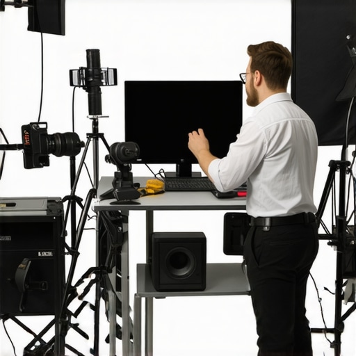 A content creator cleaning microphones and cameras in a well-lit studio setup