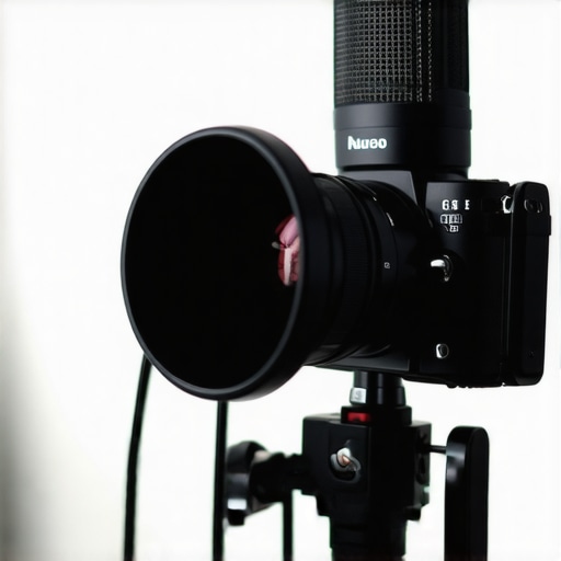 Professional microphone and camera in a well-lit studio