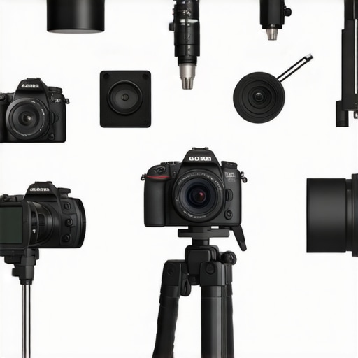 A photo showcasing a well-organized content creator studio with professional camera, lighting, and microphone setup