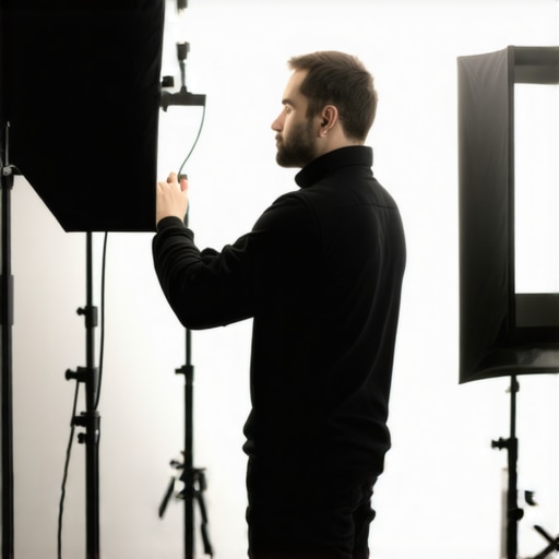 A creator fine-tuning studio lighting with softboxes and diffusion panels for high-quality video recording.