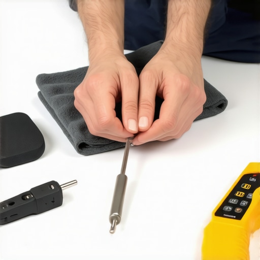 Creator maintaining camera and audio gear with cleaning cloth and tools.