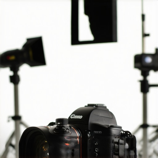 Studio Gear Setup Professional camera with prime lenses and studio lighting