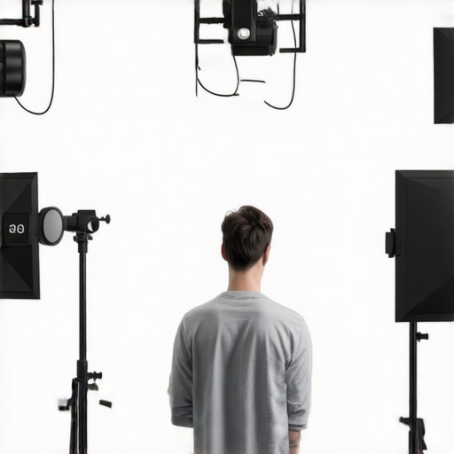 Diagram of a typical studio lighting setup showing key, fill, and backlighting positions.