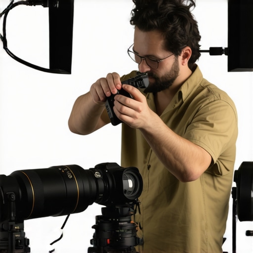 Studio Maintenance Routine for Content Creators A person cleaning camera equipment in a well-lit studio environment.
