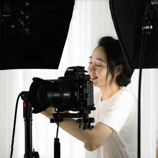 Content creator arranging camera, microphone, and lighting equipment in a clean, professional home studio.