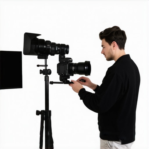 Person adjusting camera and lighting in a professional studio