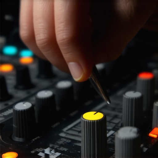 Close-up of a person adjusting gain knobs on an audio interface to optimize microphone input levels.