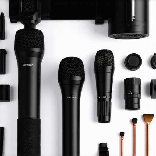 Person cleaning microphones and camera lenses in a well-organized home studio