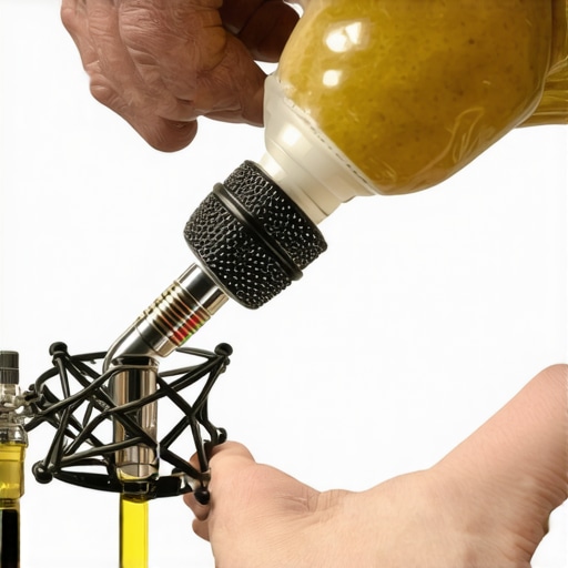Person applying lubricant to a microphone arm joint in a studio setup