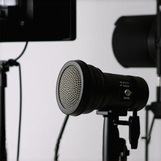 Close-up of microphone, camera, and studio lighting for content creation