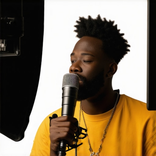 Optimizing Creator Setup for Professional Quality Content creator fine-tuning microphone and lighting in a studio environment