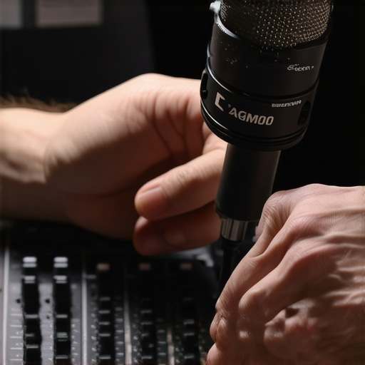 Creator adjusting microphone gain on audio interface to reduce hiss