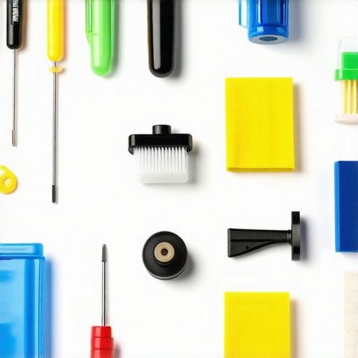 Studio Maintenance Tools and Setup A workspace with microphones, cameras, cleaning tools, and organized cables to showcase studio maintenance essentials.