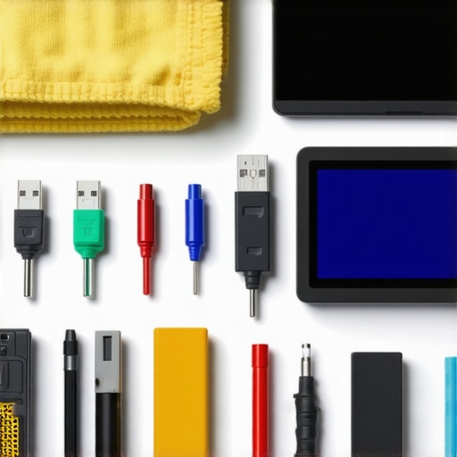 Cleaning supplies, cable tester, and software update screens on a creator's desk