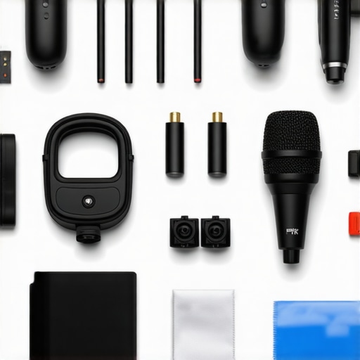 A well-organized workspace with cables, microphones, and cleaning supplies for content creators