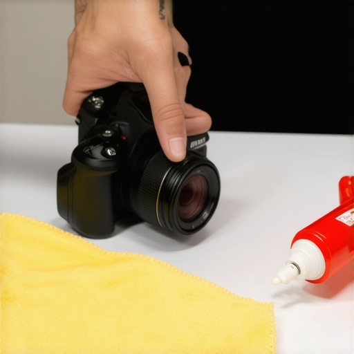 Content creator cleaning camera equipment with maintenance tools