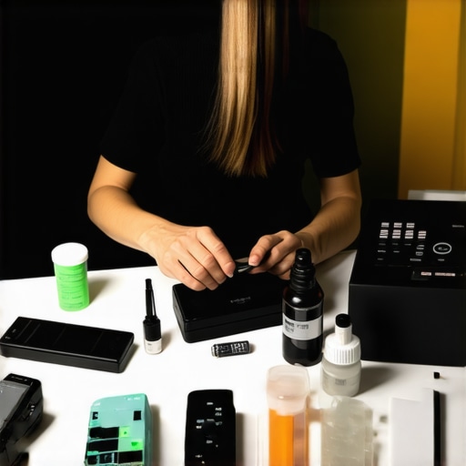 A creator using tools to check and clean studio gear with monitors and cleaning supplies