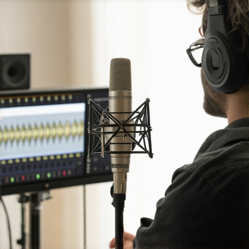Audio engineer fine-tuning microphone gain with level meters in a home studio