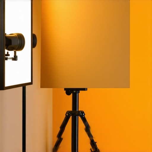 A small creator studio showing a LED panel at 45-degree angle, foam board reflector, and adjustable tripod for lighting setups.