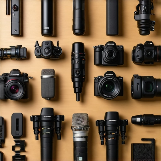 A well-maintained creator studio with microphones, cameras, and calibration tools properly arranged.
