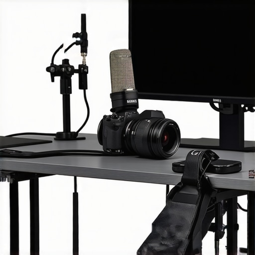 A well-organized creator workspace featuring microphones, cameras, lights, and maintenance tools for ensuring consistent content quality.