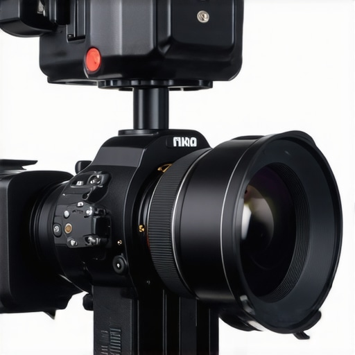 Close-up view of a professional overhead camera mount with stabilizing features set up in a studio environment
