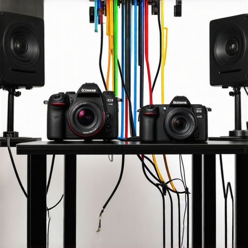 A tidy, well-maintained creator studio with cable management, calibrated camera, and soft lighting