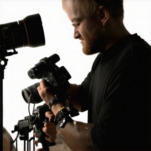 Creator adjusting microphone and checking camera settings in a tidy studio