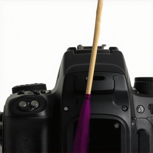 A person cleaning a mirrorless camera sensor using a specialized swab and blower in a sterile setup.